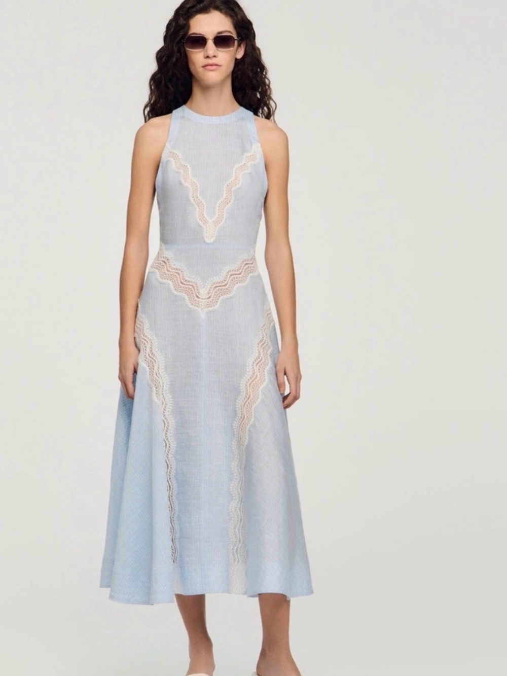 Sandro Nathalie Ana Sleeveless Light Blue Midi Dress with Cream Lace Trim